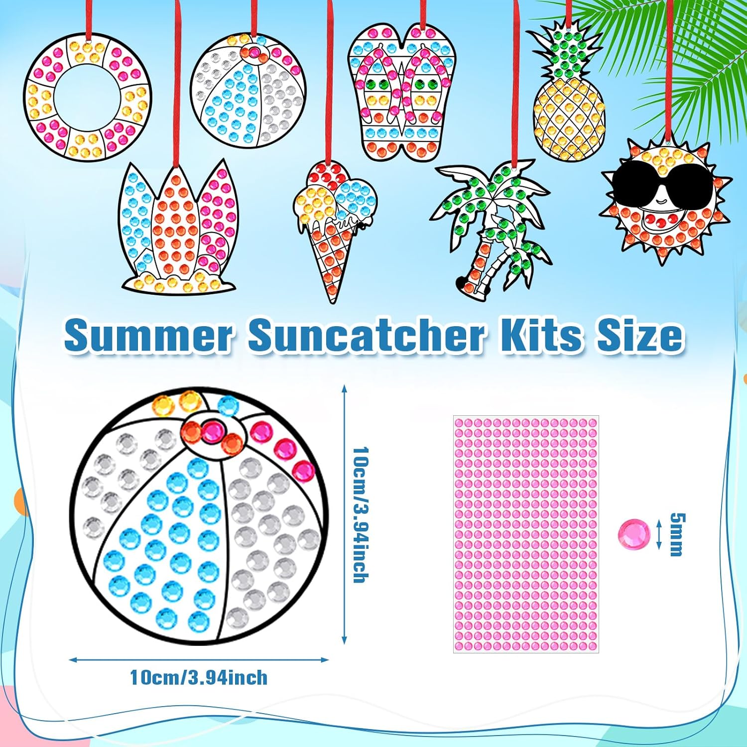 Summer Arts and Crafts for Kids DIY Tropical Window Art Gem Suncatcher Kits Luau Diamond Art Suncatcher with Gemstone Stickers Ribbons for Summer Luau Party Favor Classroom Activities